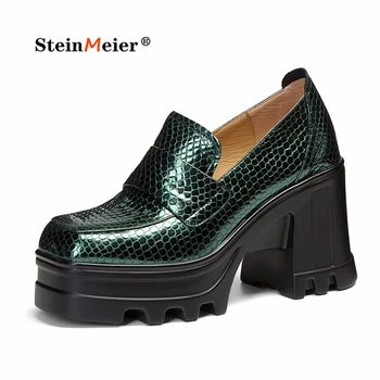 2022 г., Пролетно Есенния Дамски Обувки на висок Ток от естествена Кожа с Змеиным модел, Дамски Обувки-лодка на платформа и Дебел Ток Steinmeier