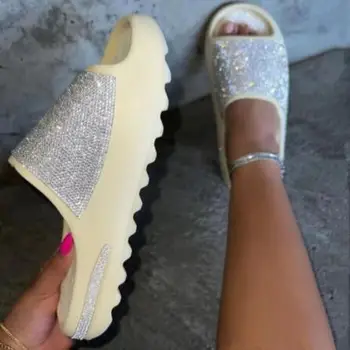 2023 нова дамски обувки с диамантена границите, тънки сандали ms на дебела подметка, улични плажни чехли