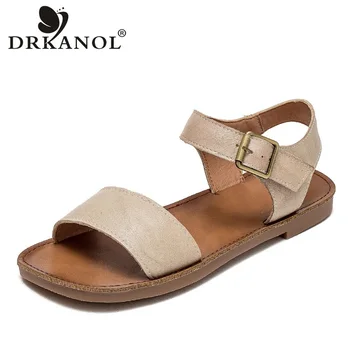 DRKANOL, модни сандали на равна подметка в стил ретро, дамски летни обувки с отворени пръсти, Нова ръчна изработка, естествена кожа, кука-контур, лаконичен ежедневни сандали