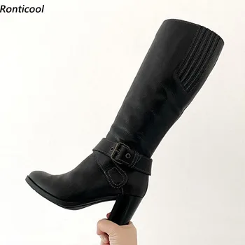 Ronticool/ дамски зимни ботуши до коляното ръчно изработени от изкуствена кожа с страничния цип на не сужающемся надолу масивна токчета, черна ежедневни обувки с кръгло бомбе, големи размери САЩ 5-20