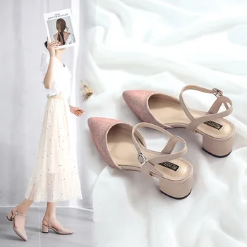 Дамски обувки на босоножках; колекция 2019 г.; елегантни летни обувки за сватба в корейски стил с пайети; дамски модни сандали-гладиатори на квадратен ток