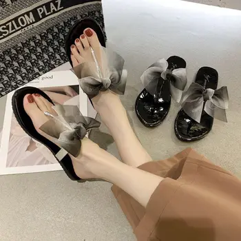 дамски чехли, лятна нова корейска версия, универсален модерен елегантни обувки на плоска подметка с лък за жени, улични сандали, модерни обувки