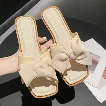 Дамски чехли с възел пеперуди, летни улични плъзгачи за жени, нескользящая луксозен дизайнерски обувки на нисък ток от мека PVC с квадратни пръсти