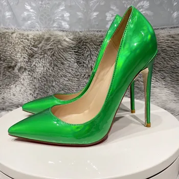 Ежедневни дизайнерски пикантен дамски обувки, модни дамски обувки от зелената лачена кожа с остри пръсти обувки на висок ток-висок ток за стриптийз, големи размери 44