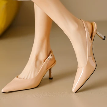 Елегантни Сандали Дамски летни обувки от естествена кожа с телесен цвят, бели обувки-лодка на висок ток, сандали за танци, офис сватбени обувки женски
