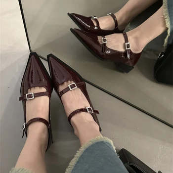 Колекция от 2023 г., пролетни нови маркови дамски обувки-лодка в тънка ивица, модни обувки Mary Jane, с остър пръсти на тънък висок ток, на модела обувки-лодка S