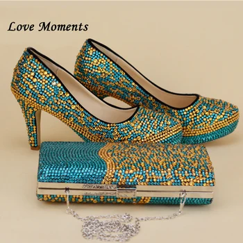 Комплекти булчински обувки и чанти, със сини и златни пайети, обувки на платформа и висок ток, дамски обувки-лодки, обувки и чанти за вашата сватба парти за булката