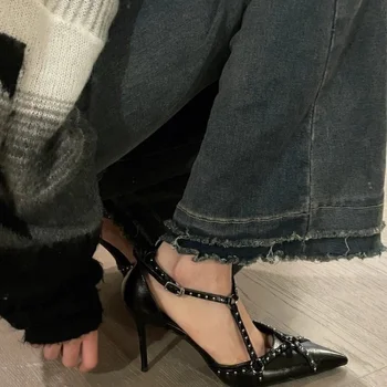 Нова мода дамски обувки на висок ток с метална катарама, летни сандали в стил пънк, дамски обувки-лодка на висок ток, Zapatos De Mujer