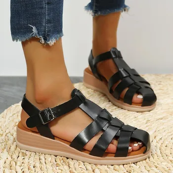Нови обикновен дамски сандали винтажного плетене със затворени пръсти, сандали за жени, детски римски сандали на равна подметка, лятна дамски обувки