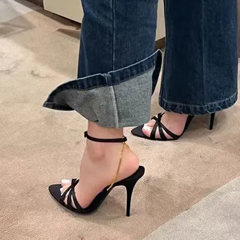 Нови секси сандали с каишка на щиколотке черното злато, дамски сандали за стриптийз, високо качество, последователност, остър чорап, дамски обувки за сватбеното парти и бала, размер