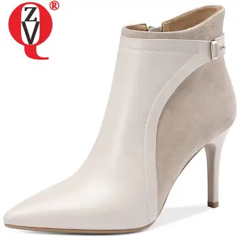 Обувки от волска кожа ZVQ 2022, модни вечерни пикантни ботильоны от флока, черни, бежови, с метален орнамент, зимните обувки на висок ток 8,5 cm