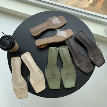 Отвън дървени токчета прозрачни слайдове дамски чехли на нисък ток летни обувки женски прозрачни чехли известни личности дамски сандали