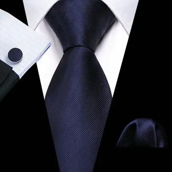 Официални тъмно сини вратовръзки за мъжете, модни копринени обикновена тъкани комплекти за вратовръзка, кърпи, копчета за ръкавели, бизнес комплекти за сватбени партита Бари.Уанг FA-6473