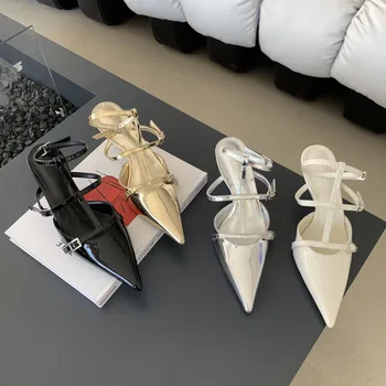 Пролетни нови обувки-лодка цвят: златист, сребърна, дамска мода елегантни сандали с остри пръсти на тънък висок ток, открита рокля, Sandalias De Mujer