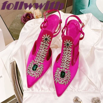 Розови кристали, Луксозни блестящи кристали, пролетни обувки-лодка с тока и каишка, дамски обувки на висок ток с остър пръсти, плитки обувки