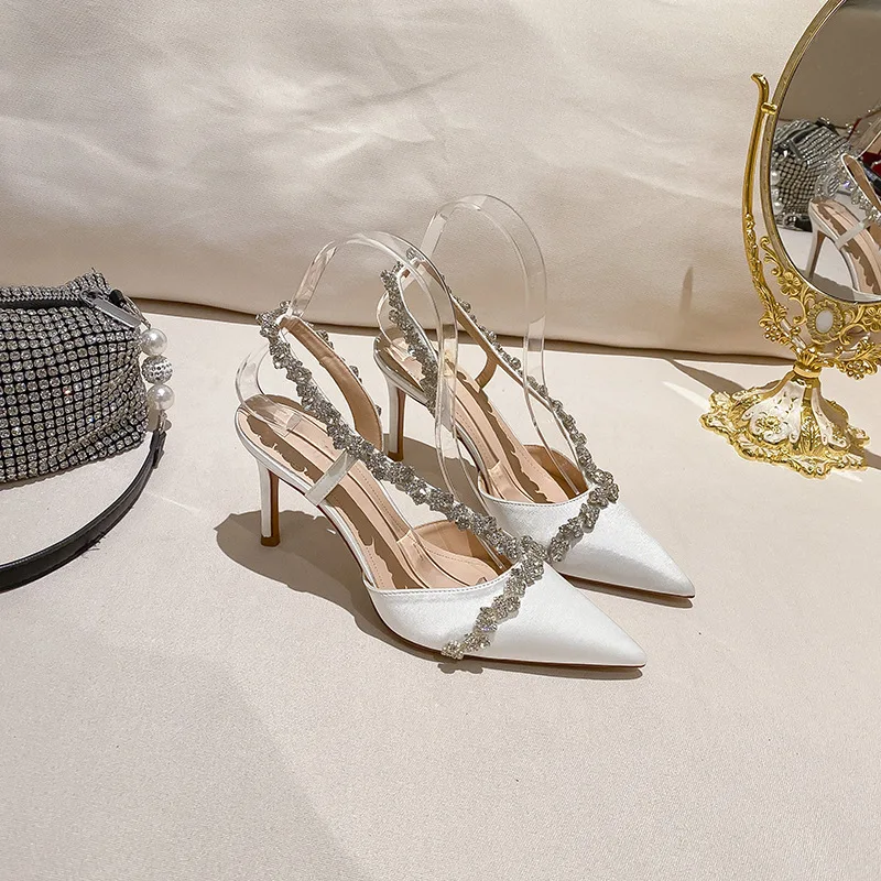 2023 Сладък женски прозрачни сандали на висок ток, сватбени обувки с кристали, с остри пръсти, дамски сандали на висок ток . ' - ' . 4
