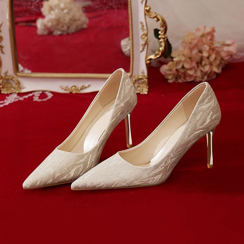 Френските Златни обувки на висок ток, Сватбена рокля, Тънки дамски обувки, Нови Обувки Шаферка на Тънък Ток, Кристални обувки-лодка цвят Шампанско, Talon Femme . ' - ' . 5