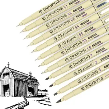 12шт Художествена Писалка За Рисуване Черна Писалка За Рисуване на Скици Удобна Дръжка Ясни Линии Метална Скоба Micro Fine Line Drawing Art Pen