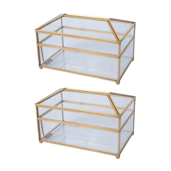 2X Практически кутия за салфетки от златно стъкло, изискана стъклена кутия за съхранение кърпички за грим, елегантен подарък