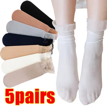 5 двойки Кадифени Чорапи, Тънки Прозрачни Дантелени Чорапи С Волани, Дамски Модни Летни Чорапи В Японски Стил Harajuku, Дълги Дантелени Чорапи