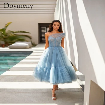 Doymeny 2023 Елегантна тюлевое къса рокля с едно рамо за бала, цветно елегантна рокля без ръкави с дантела