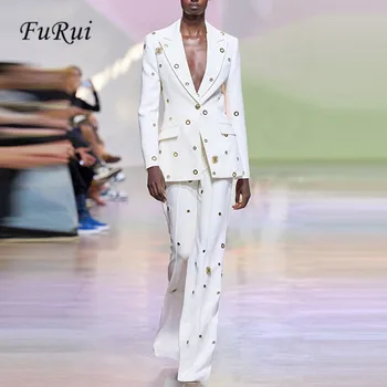 Fu Руи 2023 най-Новият дизайнерски модерен костюм за модния Подиум, Женски оборудвана блейзър с нитове към една пуговице, Панталони с ревери, комплект от 2 теми