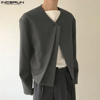 INCERUN Върховете 2023, мъжки монофонични сако без яка на една пуговице в корейски стил, Модерен универсален Кратък костюм с дълги ръкави, палто S-5XL