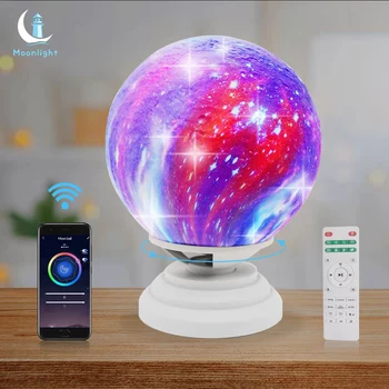 Led нощна светлина 3D Лунна Крушка Bluetooth Високоговорител Бял Шум Регулиране на Скоростта на Smart App Touch Galaxy С Дистанционно Управление на Въртене На 360 °