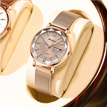 POEDAGAR Ново записване дамски маркови часовници Модерен диамант циферблат Луксозни светещи дамски кварцов часовник от Неръждаема стомана с Rose gold 2023