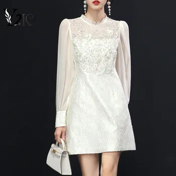 Y2K дрехи летни бели елегантни жакард рокля с цветен модел и яка издържа с пайети, вечерни мини рокли за жени slim трафика на vestidos рокля ZA