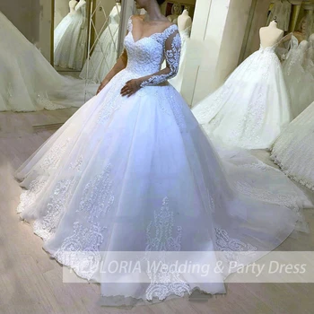 Бална рокля на принцеса сватбена рокля на булката с дълъг ръкав, V-образно деколте, плюс размера на robe de mariee, дантелено сватбена рокля с мъниста