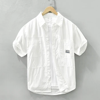 Бяла мъжка риза с къс ръкав от чист памук, върхове с отложным яка, лятна новост 2023