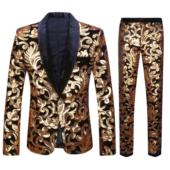 Високо Качество (сако + панталон, Мъжки Златни кадифе Модерни Елегантни Ежедневни Сватба Банкет Костюми с пайети, комплект от две части