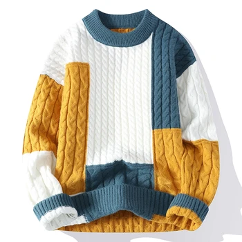 Висококачествен есенно-зимния пуловер, мъжки модни пуловери, с кръгло деколте в стил мозайка, мъжки ежедневни възли пуловери, плътен топъл пуловер, мъжки