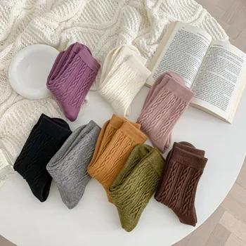 Вълнени чорапи, дамски обикновен японски чорапи със средна дължина, с модел от коноп, зимни дебели топли чорапи кашмир
