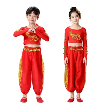 Детски китайски танц костюм с фен, класически ученически барабан, народна облекло за сценични танци Гого