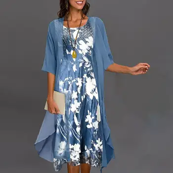 Елегантен 1 комплект в стилна рокля с цветя модел и голям подолом, костюм, темпераментное рокля-жилетка, комплект с кръгло деколте за офис