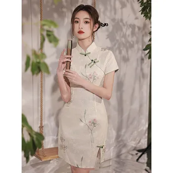 Жена, бежов летен цветен Чонсам в китайски стил, женски Ципао S-XXL, коварен винтажное подобряване на къса рокля-калъф