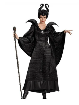 Жените Хелоуин видео Делукс черна дълга рокля на Злата Кралица вещица рокля cosplay костюм с шапка Рога cosplay костюми
