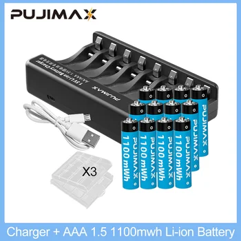 Интелигентно зарядно устройство PUJIMAX с 8 слота AAA от 1,5 1100 МВтч, Литиево-йонна батерия, Литиеви Батерии, С кутия и USB кабел
