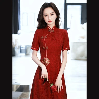 Китайското традиционната рокля, женски Ципао, червено, модерни рокли Чонсам, хавлия в източния китайски стил, костюм за дамите