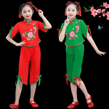 Коледна червена сценична облекло Hanfu Yangko, бебешки дрехи за традиционни народни танци за момичета, детски древнекитайский танц ветрила