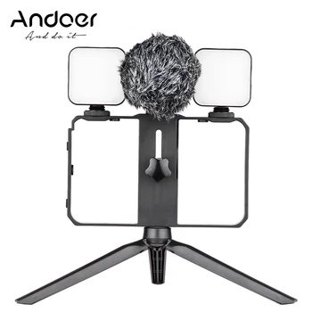 Комплект камера за смартфон Andoer, който включва 1 бр. мини-led заполняющие лампи, Мини микрофон с ветрозащитой, мини настолен статив