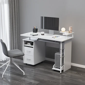Компютърна маса за домашен офис с рафтове за съхранение, метален шкаф шкаф с Две повдигащи кутия, Компютърна офис От масивна дървесина, Лесен монтаж, Бял