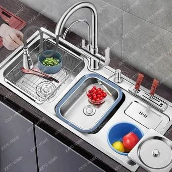 Кухненска мивка от неръждаема стомана, удебелена двухщелевая богат на функции мивка за боклук, мивка за измиване на зеленчуци / съдове с притежателя на ножове