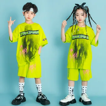 Летни детски дрехи в стил хип-хоп, тениска с къс ръкав, ежедневни панталони, флуоресцентни зелено комплекти, градинска дрехи за момчета и момичета, етап костюми