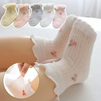 Летни чорапи за новородени с флорални принтом, меки памучни къси чорапи за бебета, фини мрежести дишащи детски чорапи за деца 0-5 години