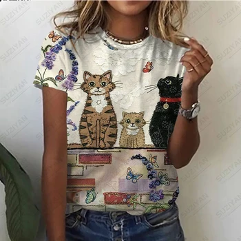 Лятна Дамска тениска с къс ръкав и кръгло деколте, Котка, 3D Печат, Темперамент, Ретро, Свободен Размер, Женски Фрагментированный Топ с къс ръкав