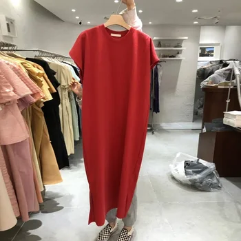 Модерни рокли Vestidos за жени, новият старт на лятото 2023, однотонная тениска със средна дължина, с цепка, женствена рокля с къс ръкав
