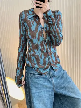 Модни приталенная трикотажная риза с къси ръкави, жена с жилетка, Пуловер с Яка